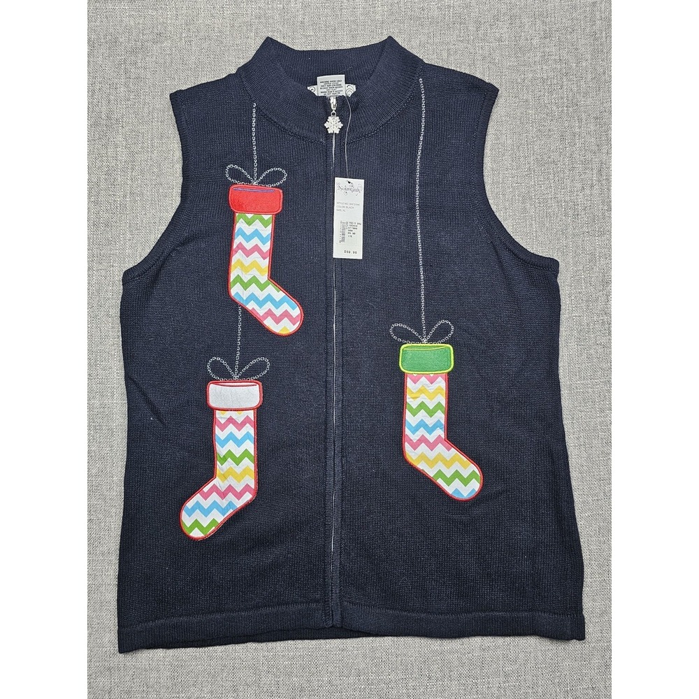Nouveaux Sweater Vest Womens XL Black Christmas‎ Stocking Zip Knit Ugly Holiday